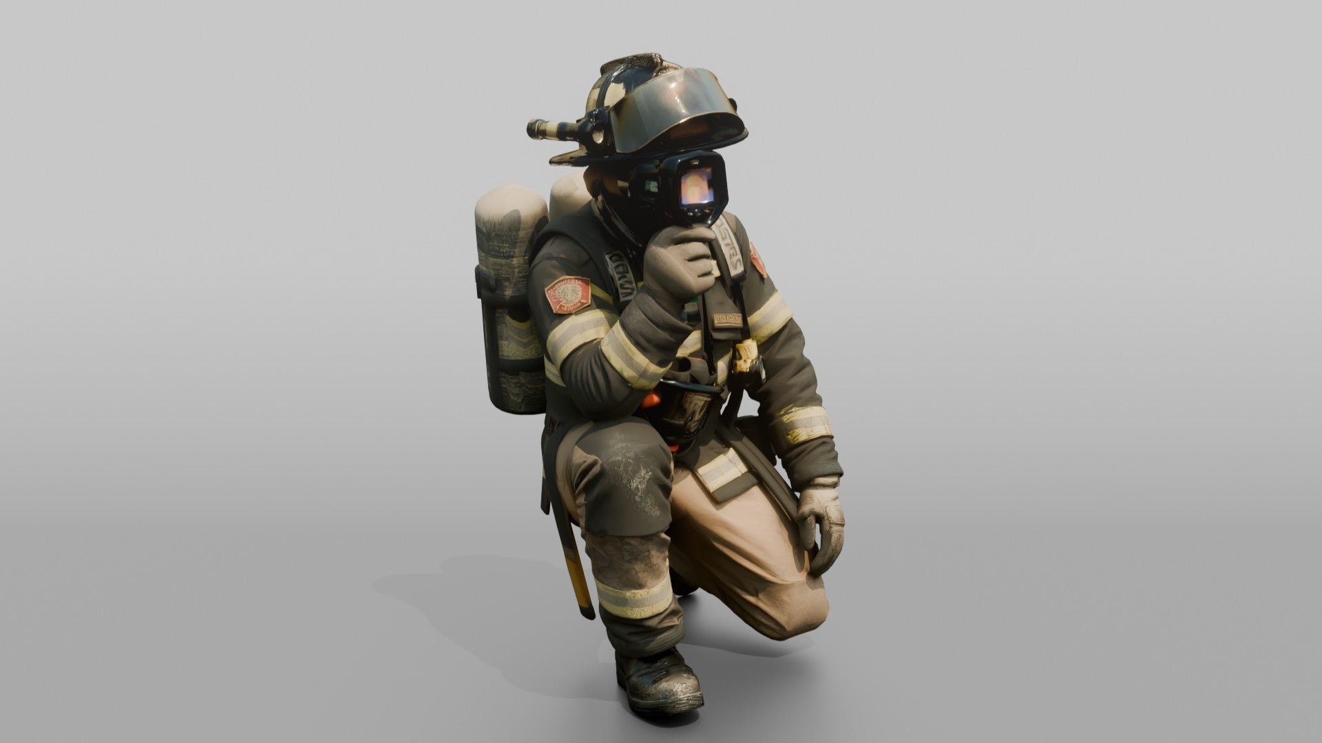 Firefighter Man Crouching Low with Thermal Vision Scope