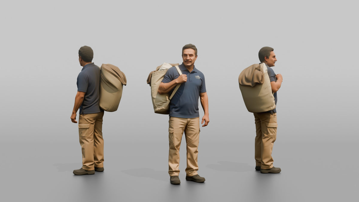 Housekeeping Staff Man Carrying A Laundry Bag Over One Shoulder - 3D character model, view 1