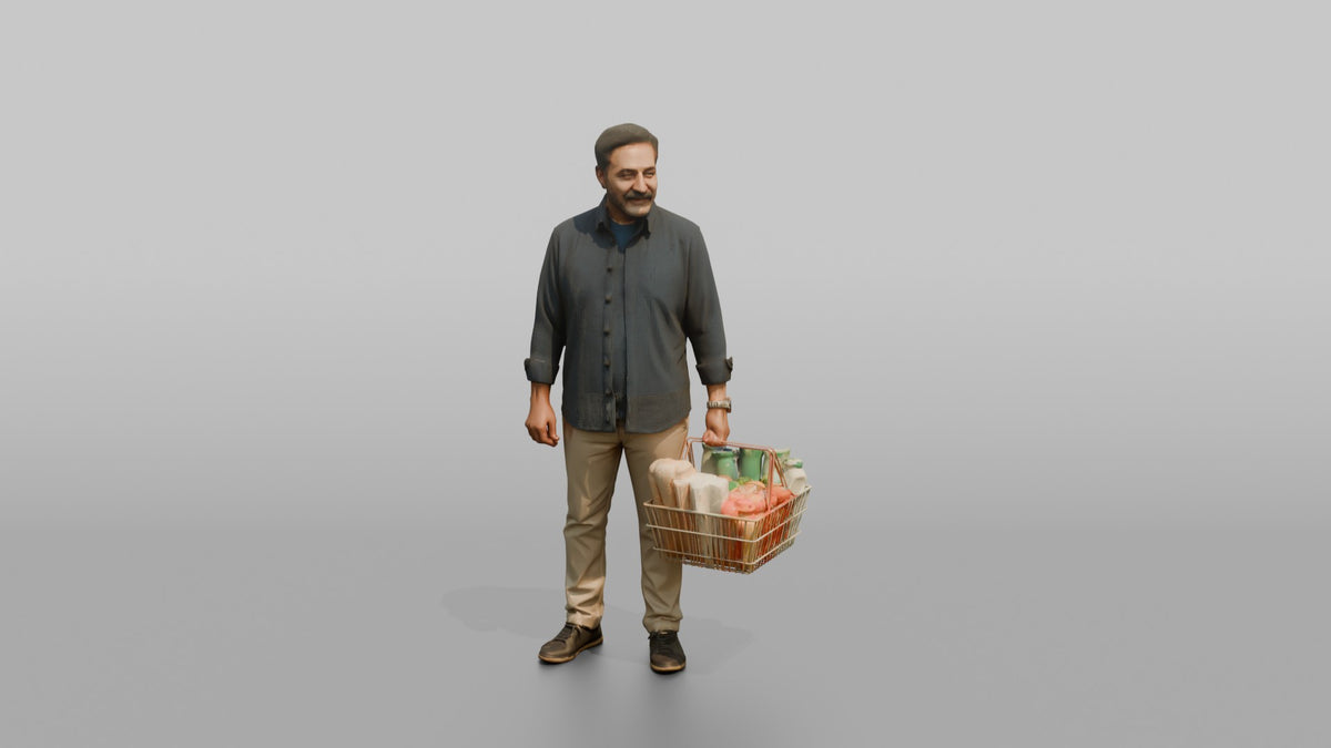 Man Customer Standing With A Full Shopping Basket - 3D character model