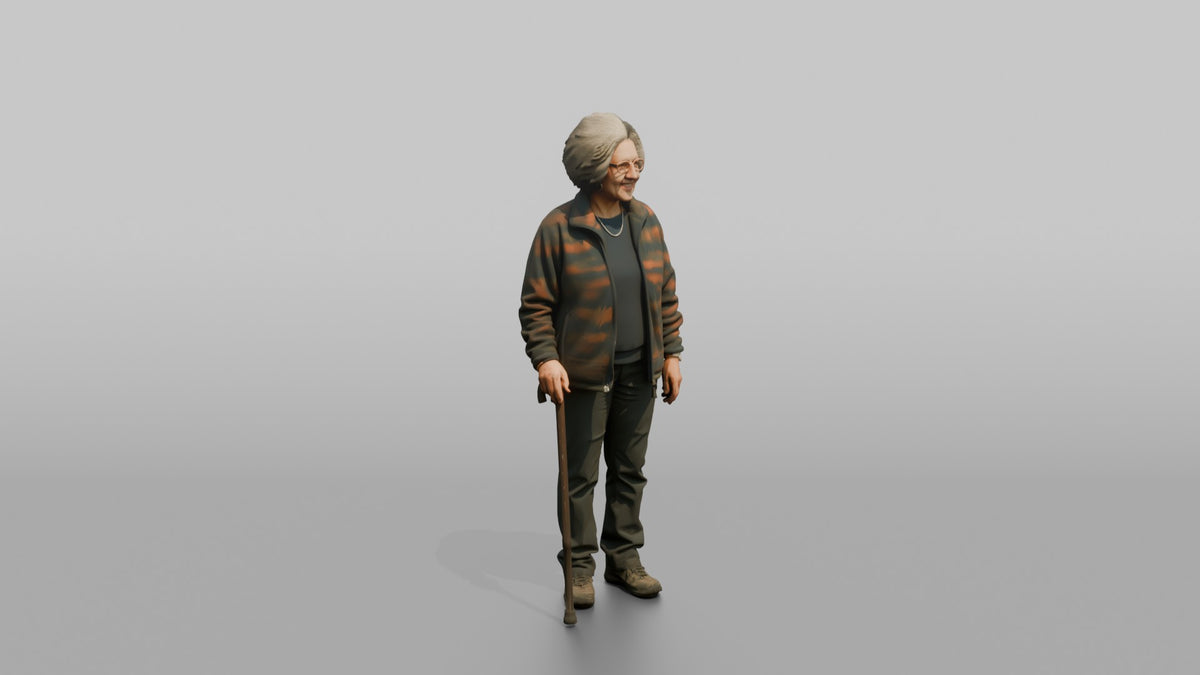 Grandmother Holding A Walking Cane, Standing Upright - 3D character model