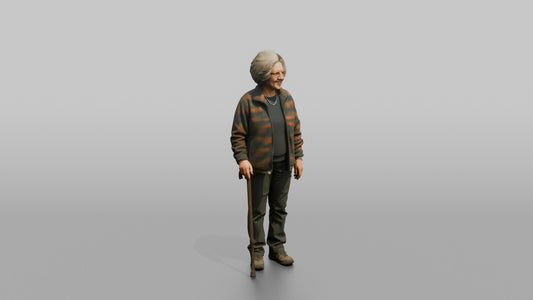 Grandmother Holding A Walking Cane, Standing Upright - 3D character model