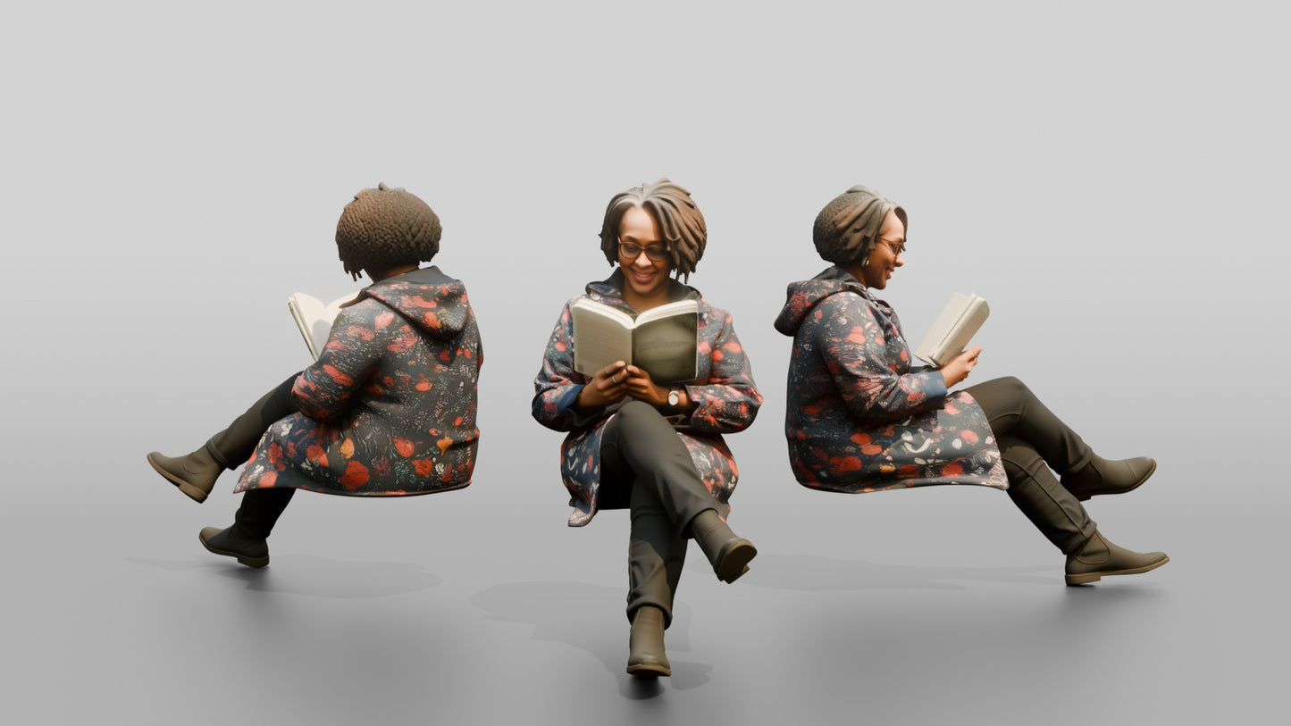 Black Woman Reading a Book in Patterned Raincoat