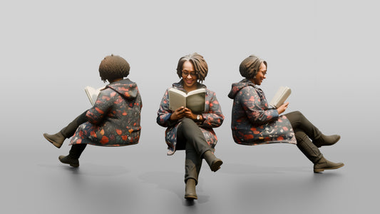 Black Woman Reading a Book in Patterned Raincoat