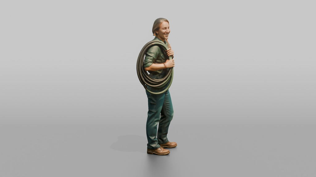 Farmer Coiling Industrial Garden Hose Over Shoulder