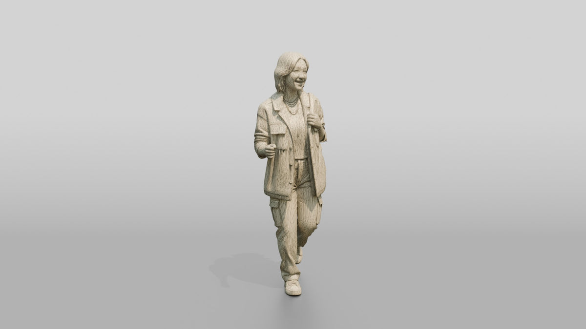 Asian Woman Jogging with Backpack - wireframe topology preview