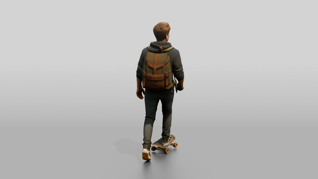 Teen Boy Riding Skateboard with Backpack and Phone