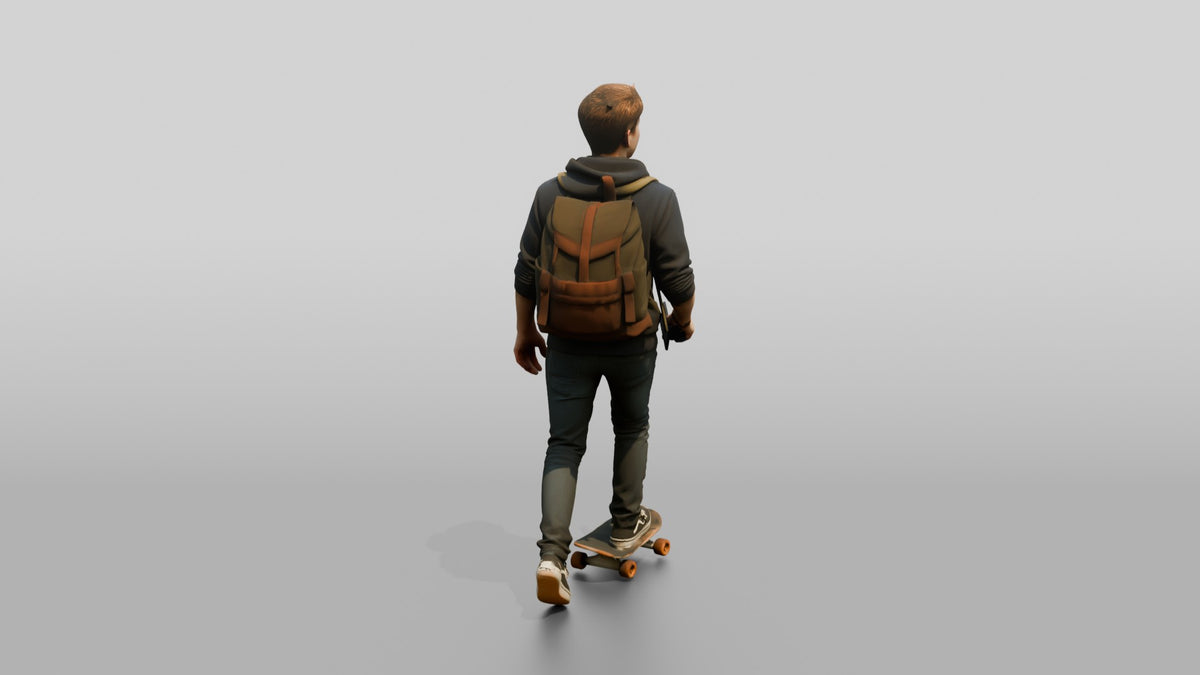 Teen Boy Riding Skateboard with Backpack and Phone - 3D character model, view 3