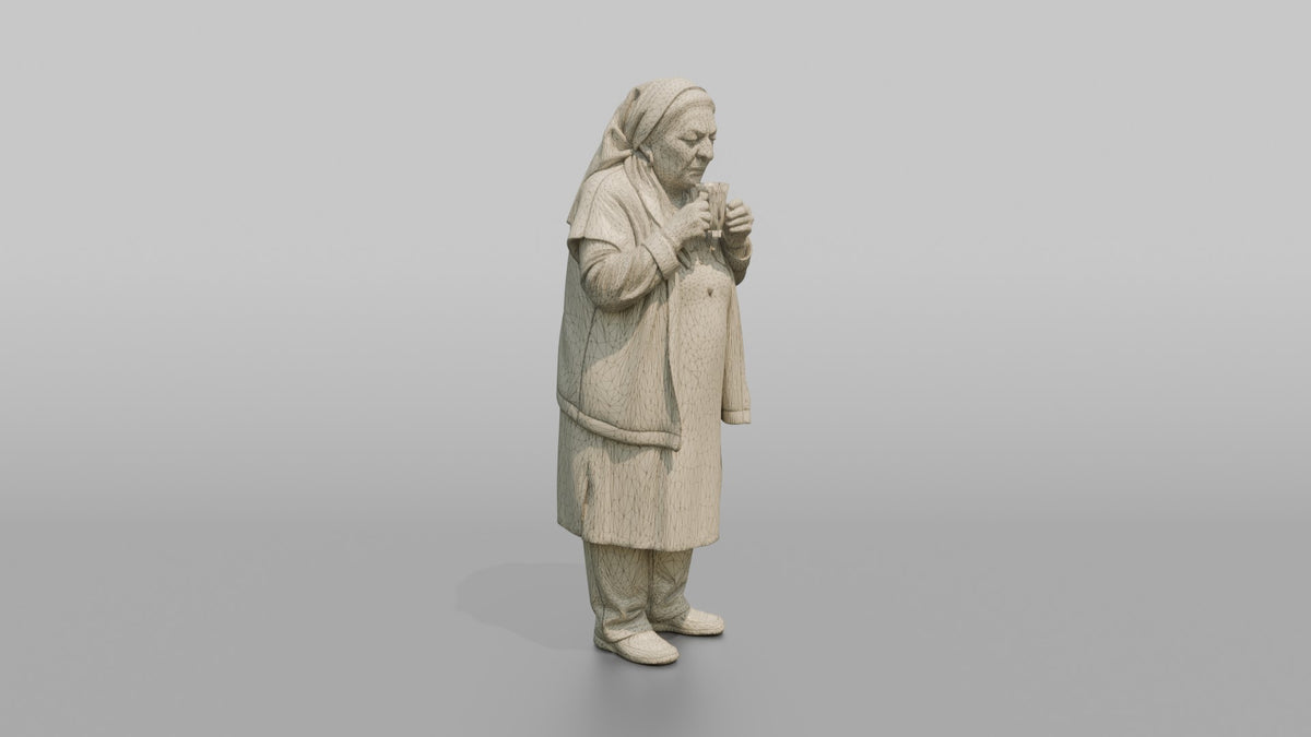 Grandmother Holding A Cup Of Tea, Blowing On It Gently - wireframe topology preview