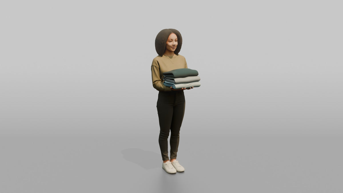Woman Customer Holding A Folded Stack Of Clothes - 3D character model