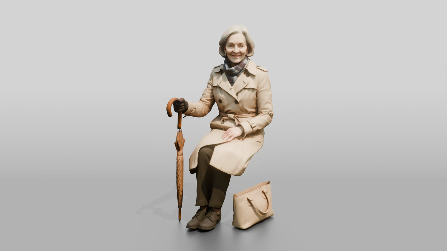 Elderly White Woman in Beige Raincoat on Bench