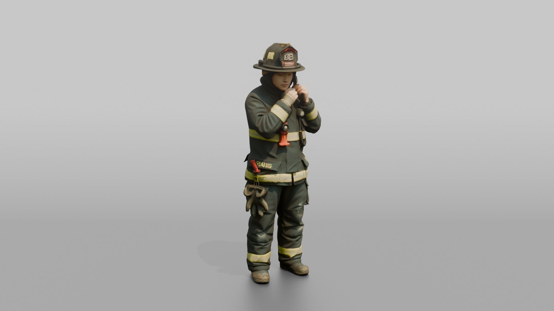 Firefighter Woman Adjusting the Chin Strap on Her Turnout Helmet