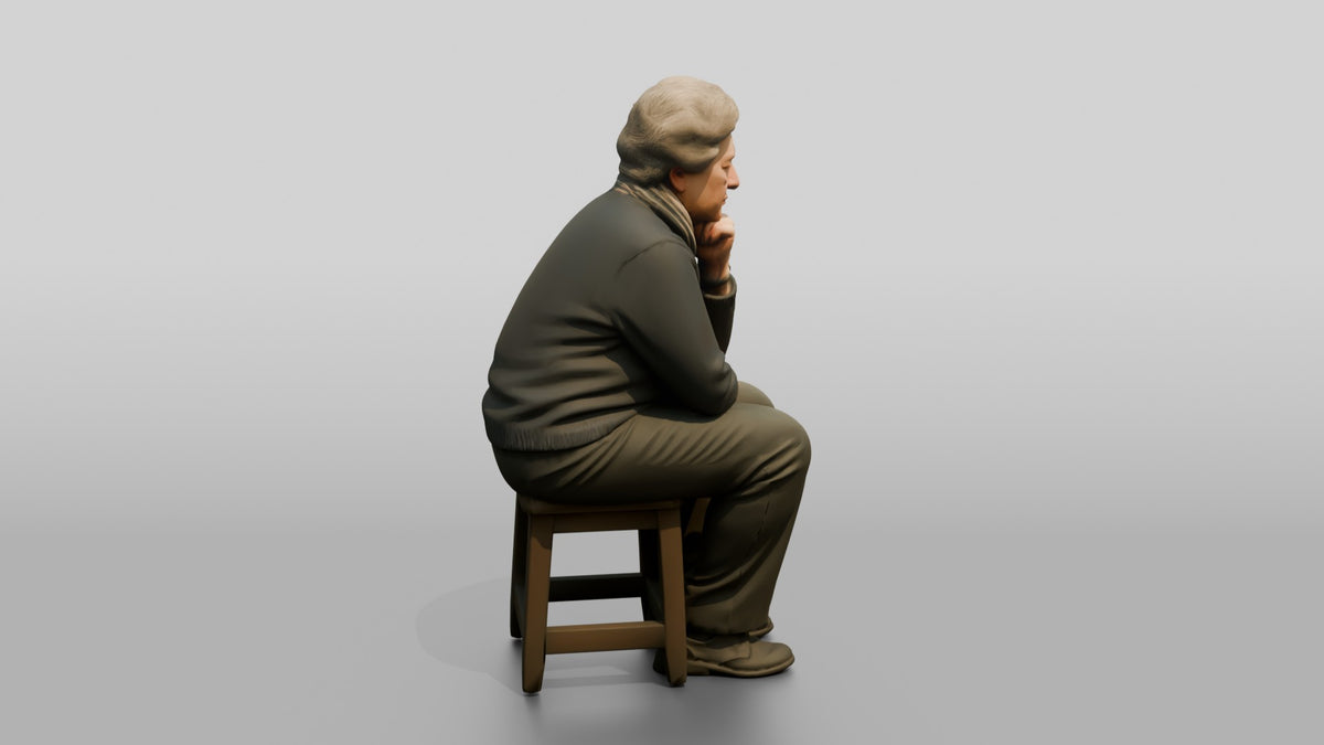 Homeless Woman Looking Pensive While Resting Her Chin on Her Fist - 3D character model, view 2