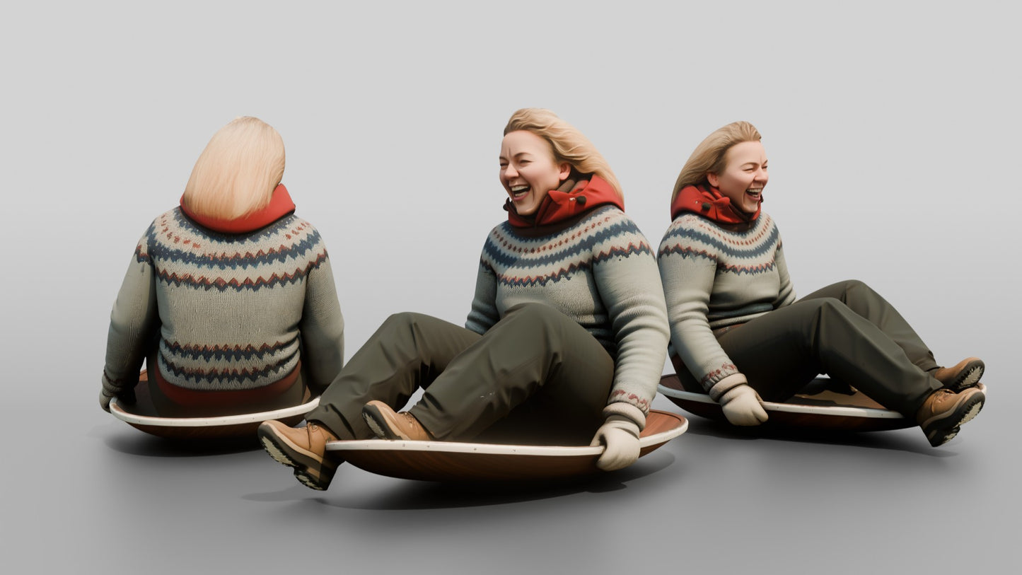 Norwegian Woman Sledding Down a Slope