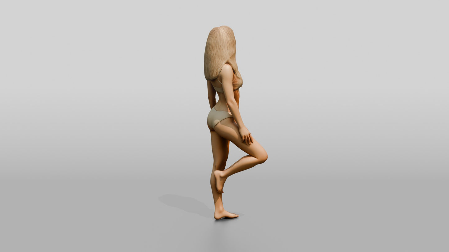 Blonde Woman in Cream Two-Piece Swimsuit Tree Pose