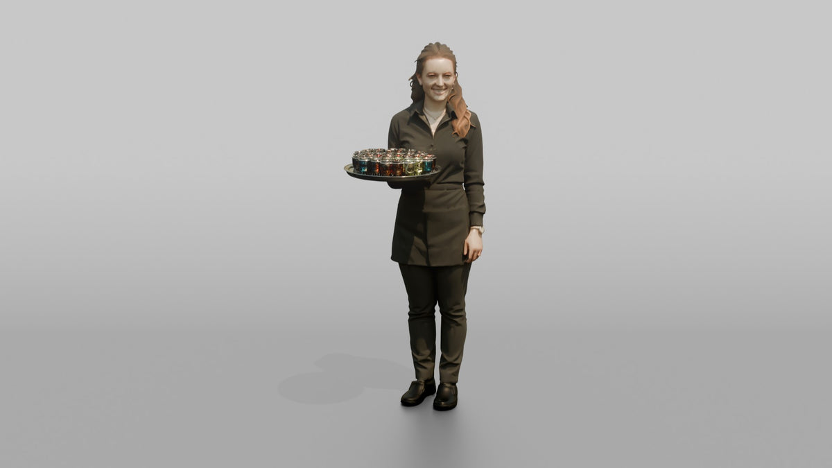 Cocktail Server Woman Carrying A Tray Of Shot Glasses - 3D character model, view 5