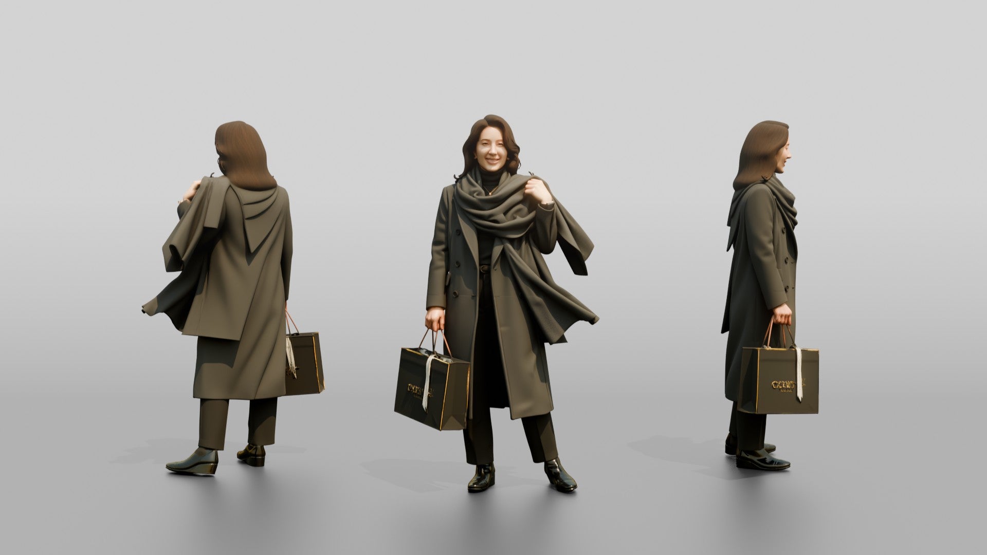 Woman Adjusting Scarf with Designer Shopping Bag