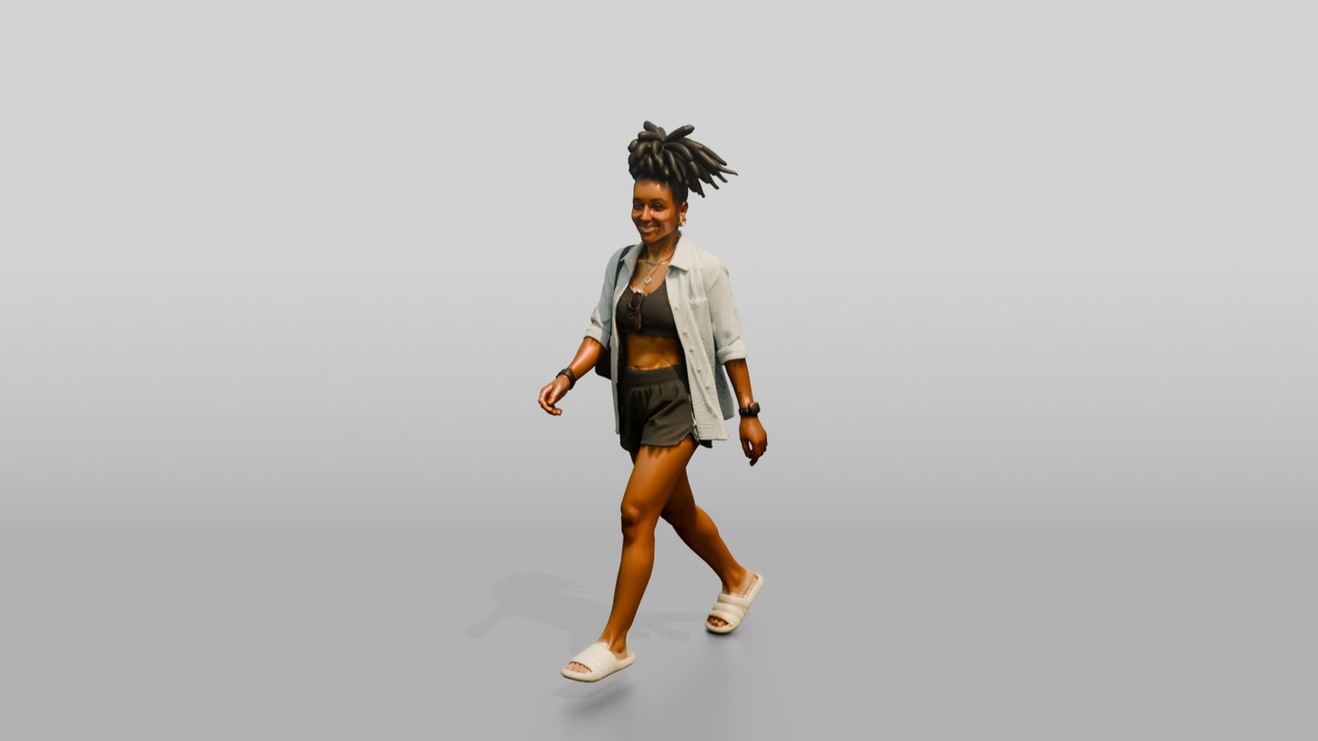 African-American Woman Walking the Boardwalk in Beach Shirt