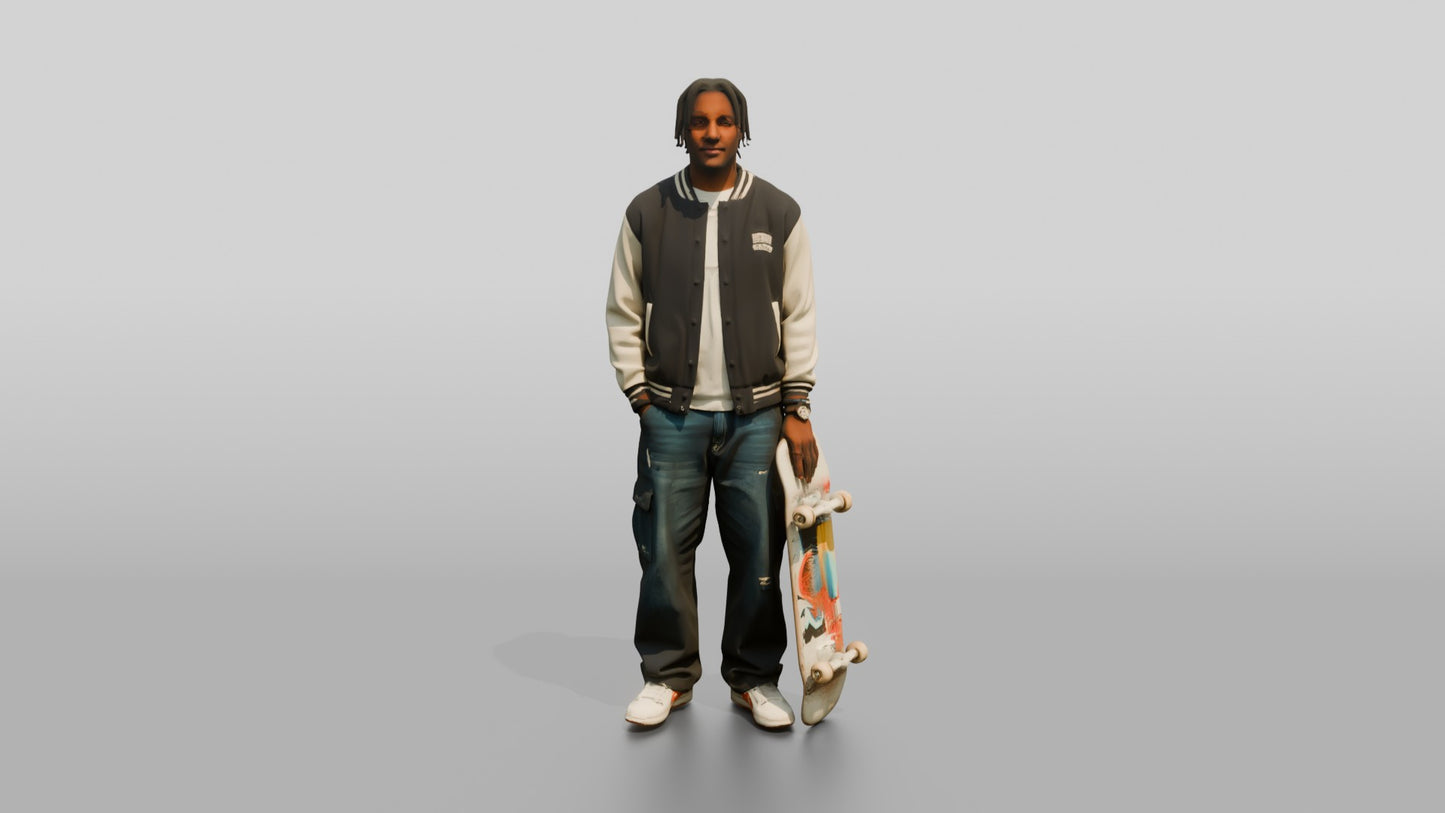 Skater Man in Varsity Jacket with Skateboard