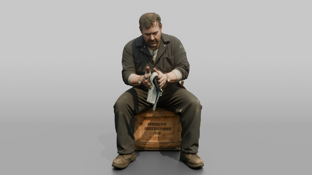 Engineer Resting on a Crate After a Long Shift