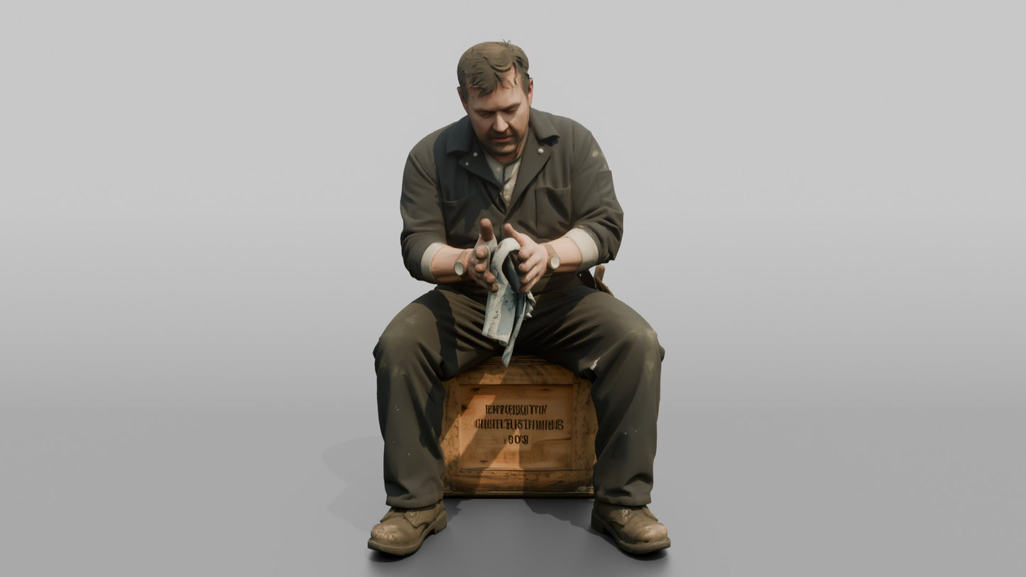 Engineer Resting on a Crate After a Long Shift