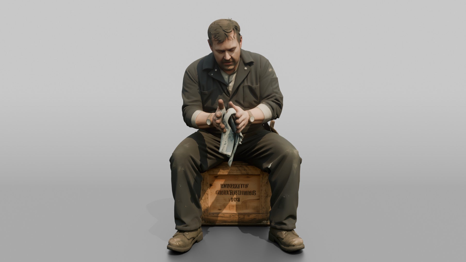 Engineer Resting on a Crate After a Long Shift