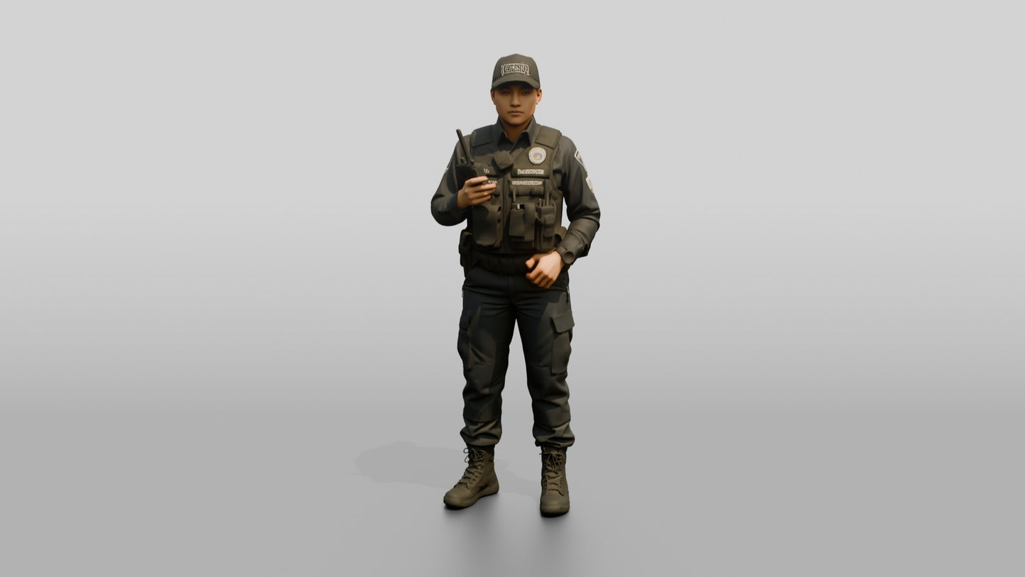 Latina Female Guard in a Dark Blue Tactical Guard Uniform