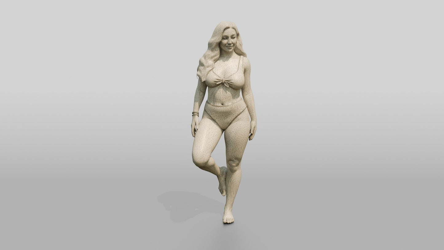 Blonde Curvy Woman in Taupe Two-Piece Swimsuit Tree Pose