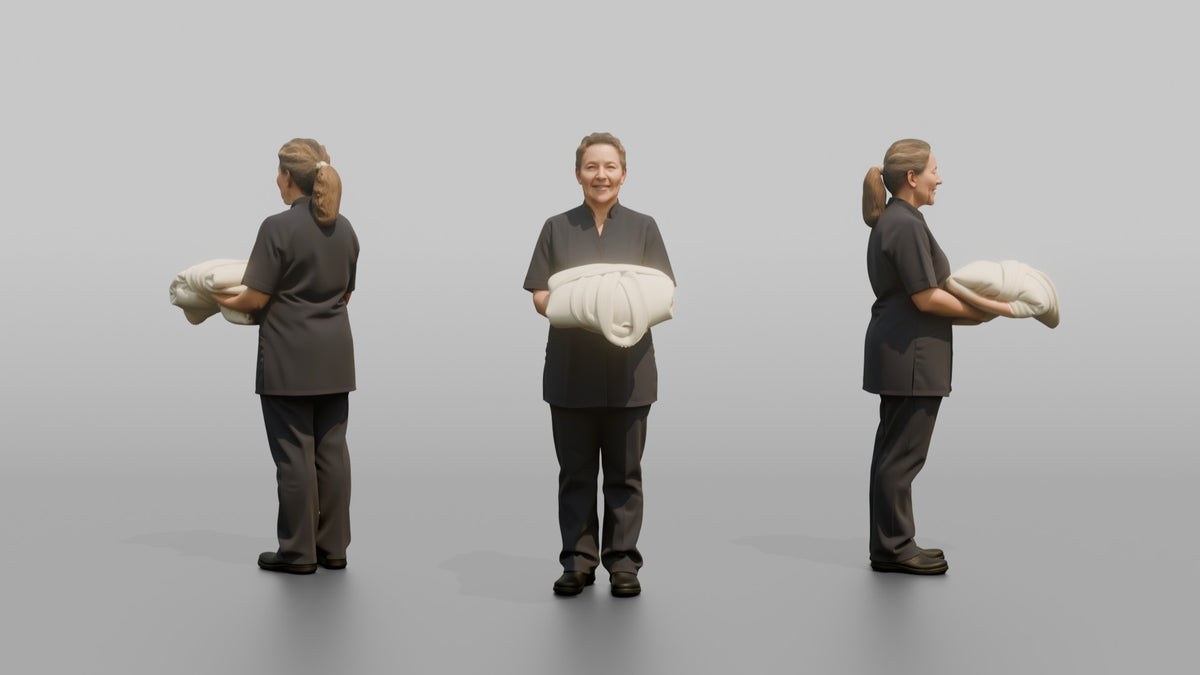Housekeeping Staff Woman Holding A Folded Bathrobe - 3D character model, view 1