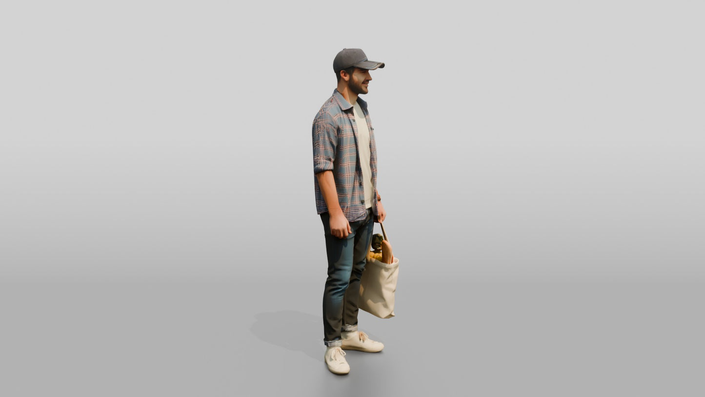 Caucasian Man in Flannel Shirt with Grocery Bag