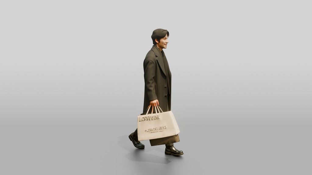 Man Walking in Long Wool Coat with Shopping Bags