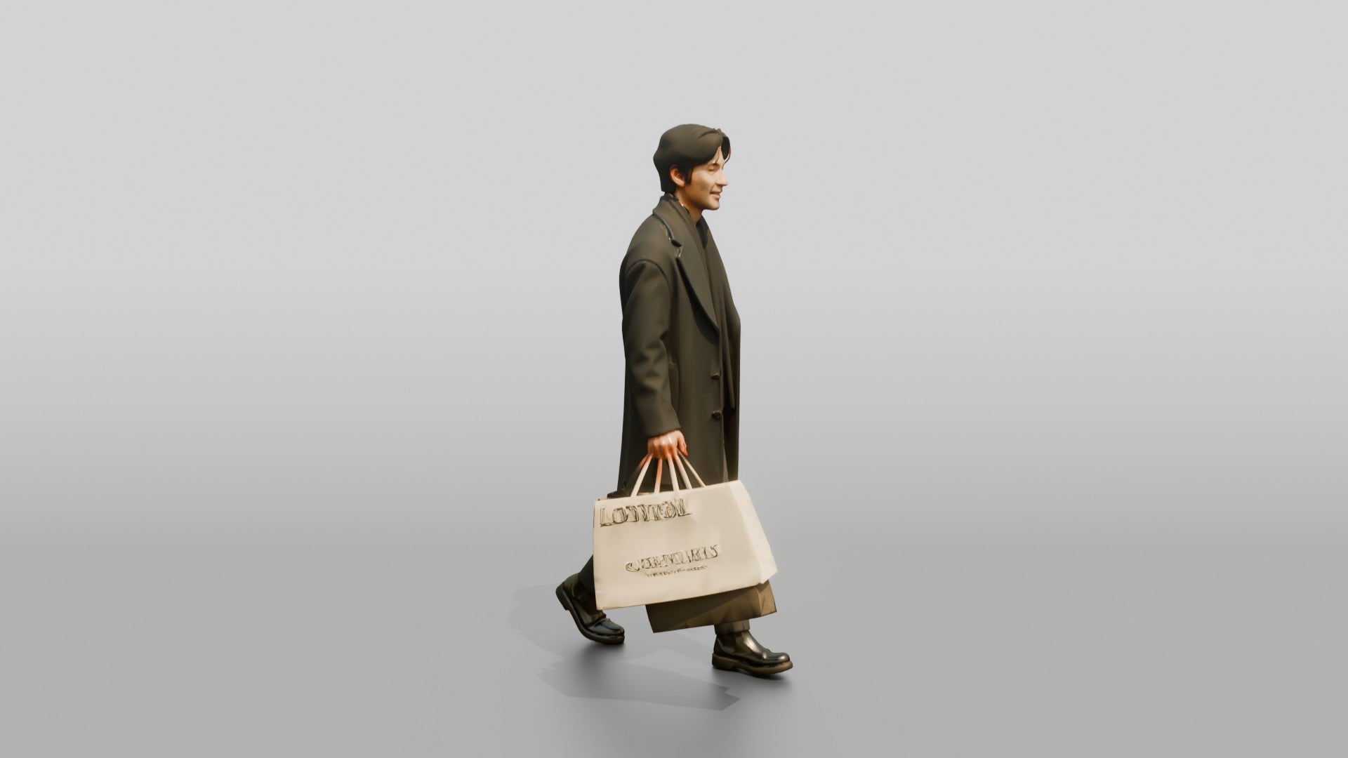 Man Walking in Long Wool Coat with Shopping Bags