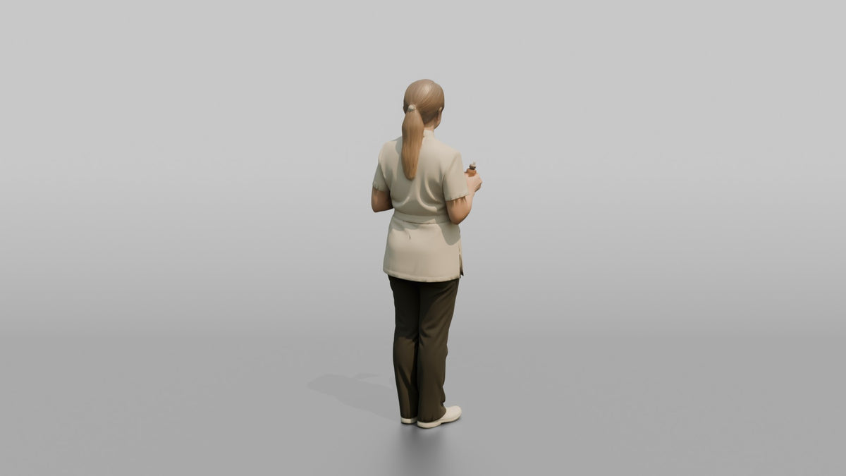 Esthetician Woman Holding A Cotton Pad And Small Bottle - 3D character model, view 3