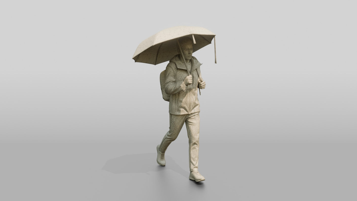 East Asian Man in Green Rain Jacket with Umbrella