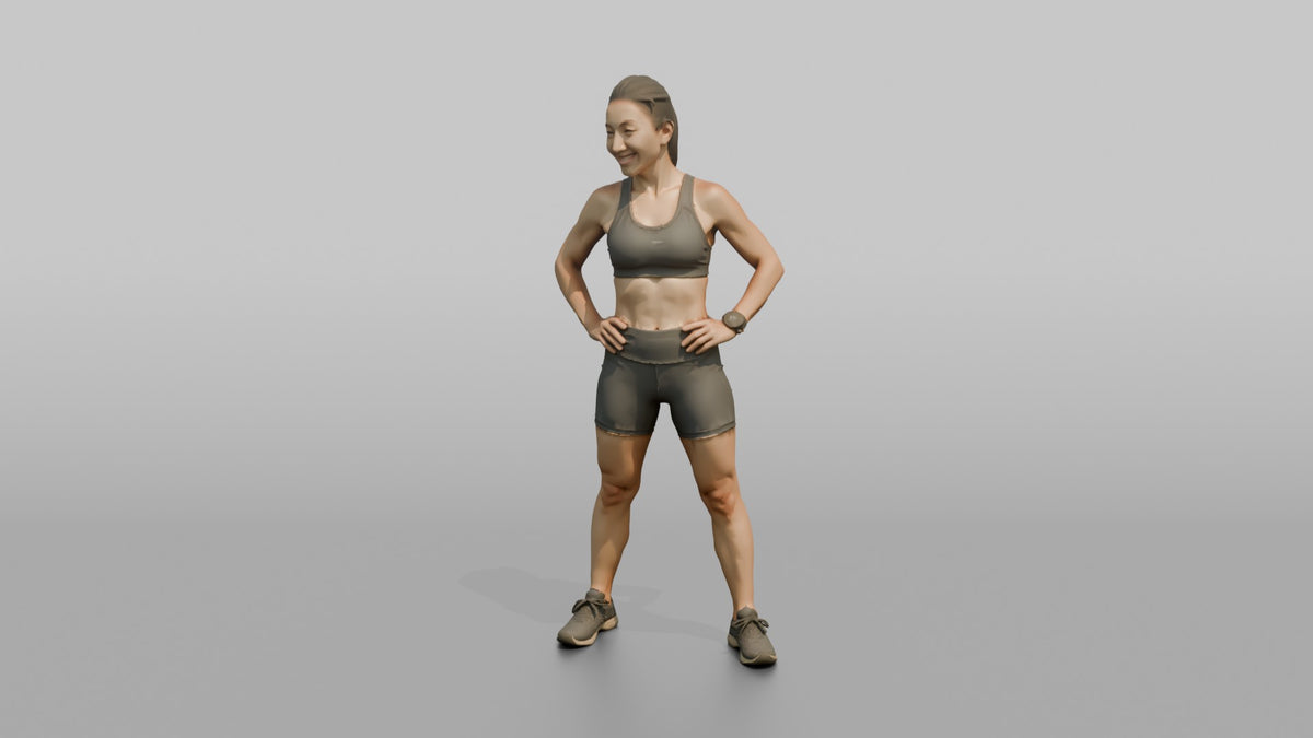 Physique Model Woman Leaning Back Slightly, Hands On Hips - 3D character model, view 4