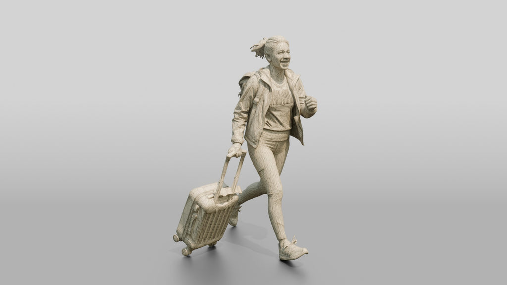 Woman Running Through Airport with Teal Suitcase and Backpack