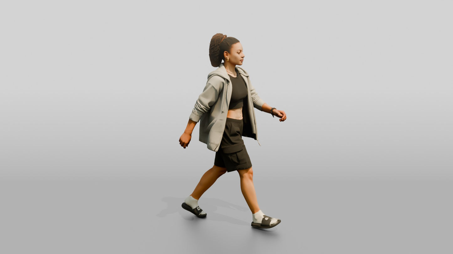 Multiracial Woman Walking the Boardwalk in Unzipped Hoodie