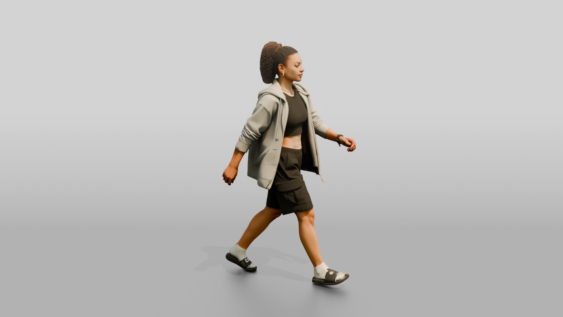 Multiracial Woman Walking the Boardwalk in Unzipped Hoodie