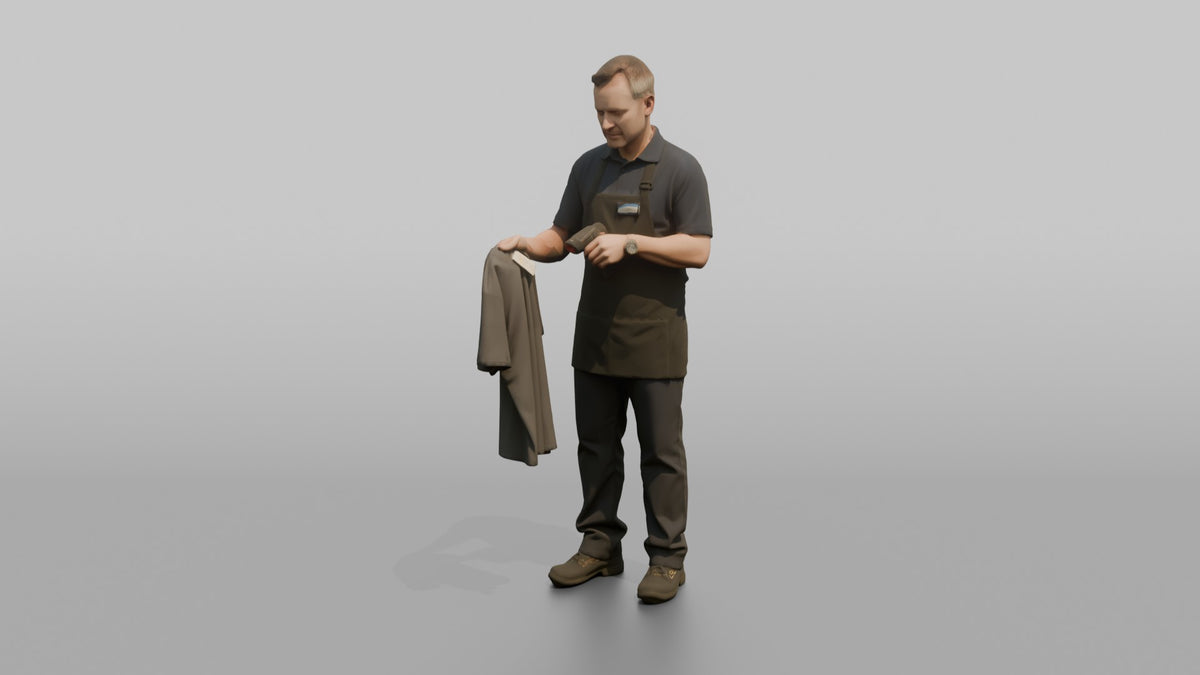Man Cashier Scanning A Barcode On A Shirt With A Handheld Scanner - 3D character model, view 4