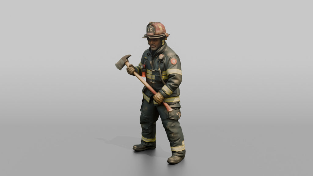 Firefighter Man Holding a Fire Axe in a Ready Stance