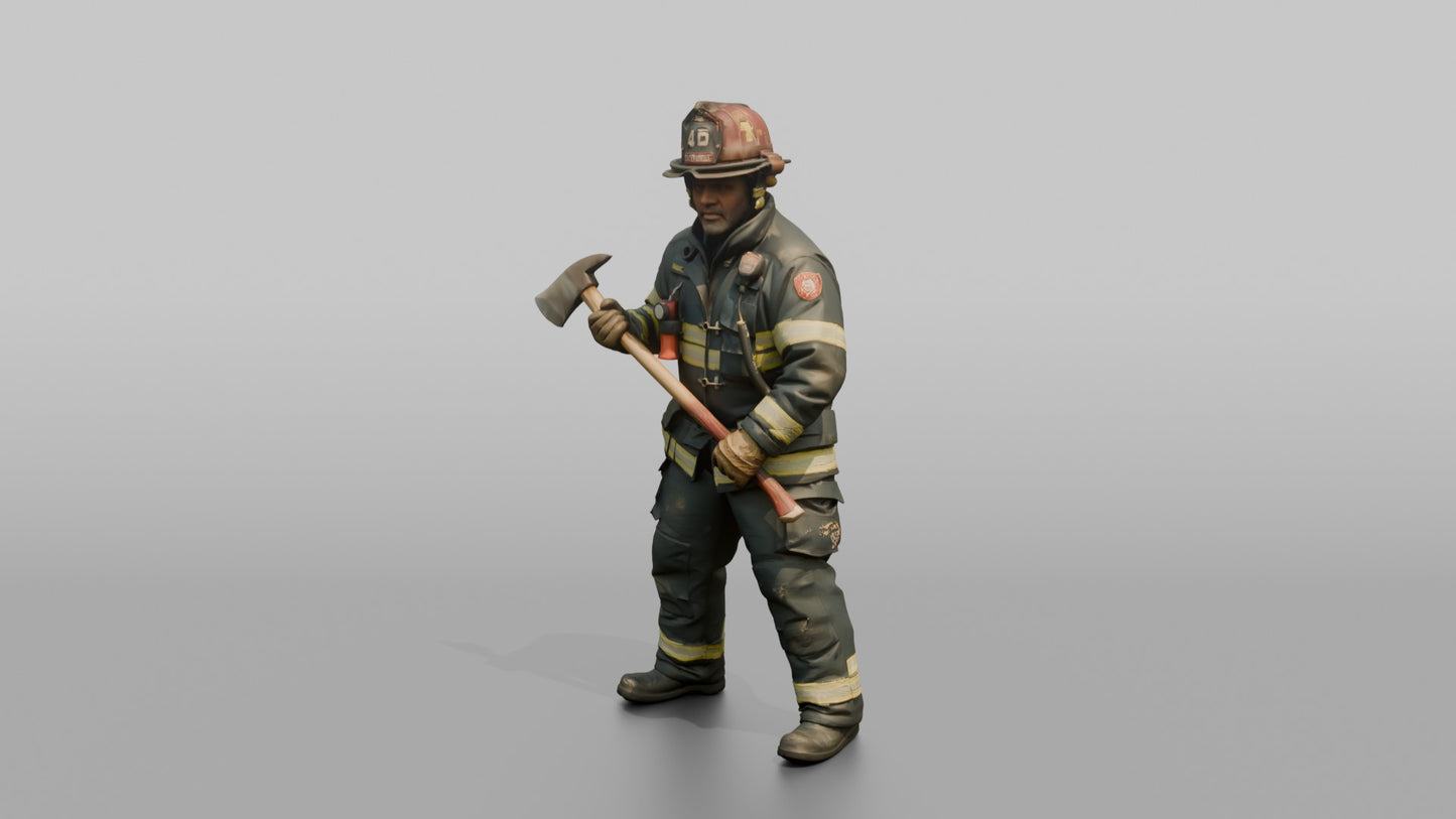 Firefighter Man Holding a Fire Axe in a Ready Stance