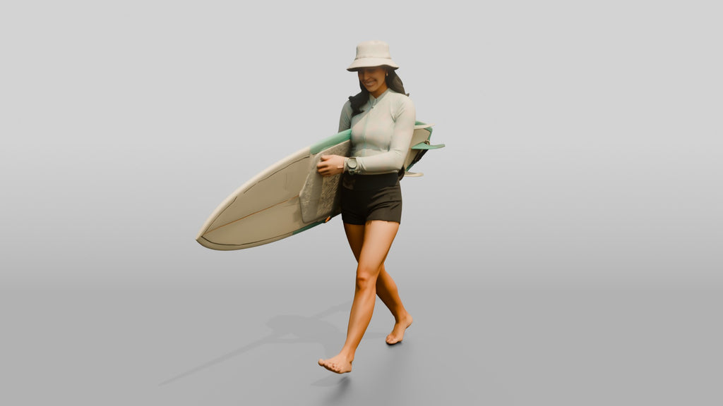 Woman Balancing Surfboard Adjusting Wax Grip
