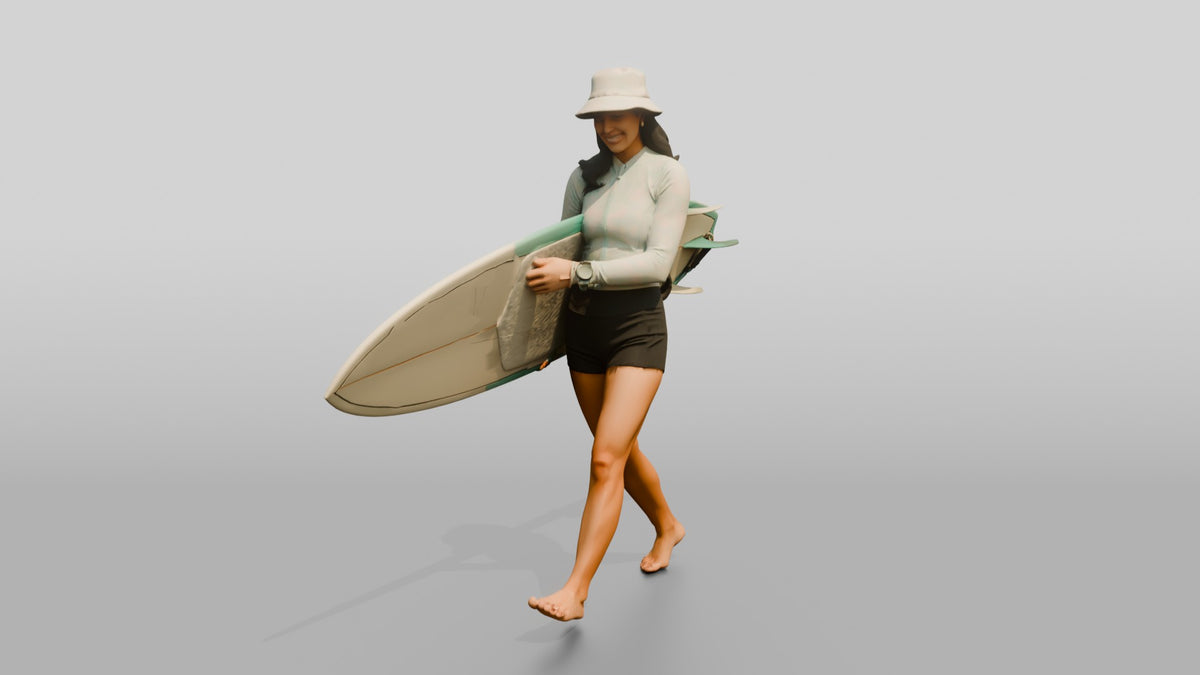 Woman Balancing Surfboard Adjusting Wax Grip - 3D character model, view 5