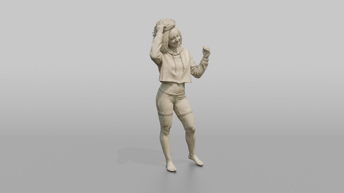 Fitness Influencer Woman Standing With Hands Running Through Hair - wireframe topology preview