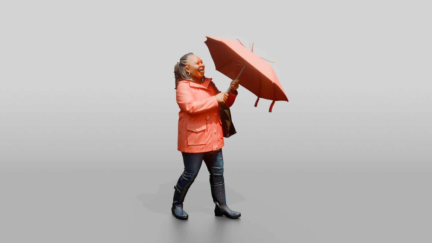 Black Woman in Red Raincoat Opening Umbrella