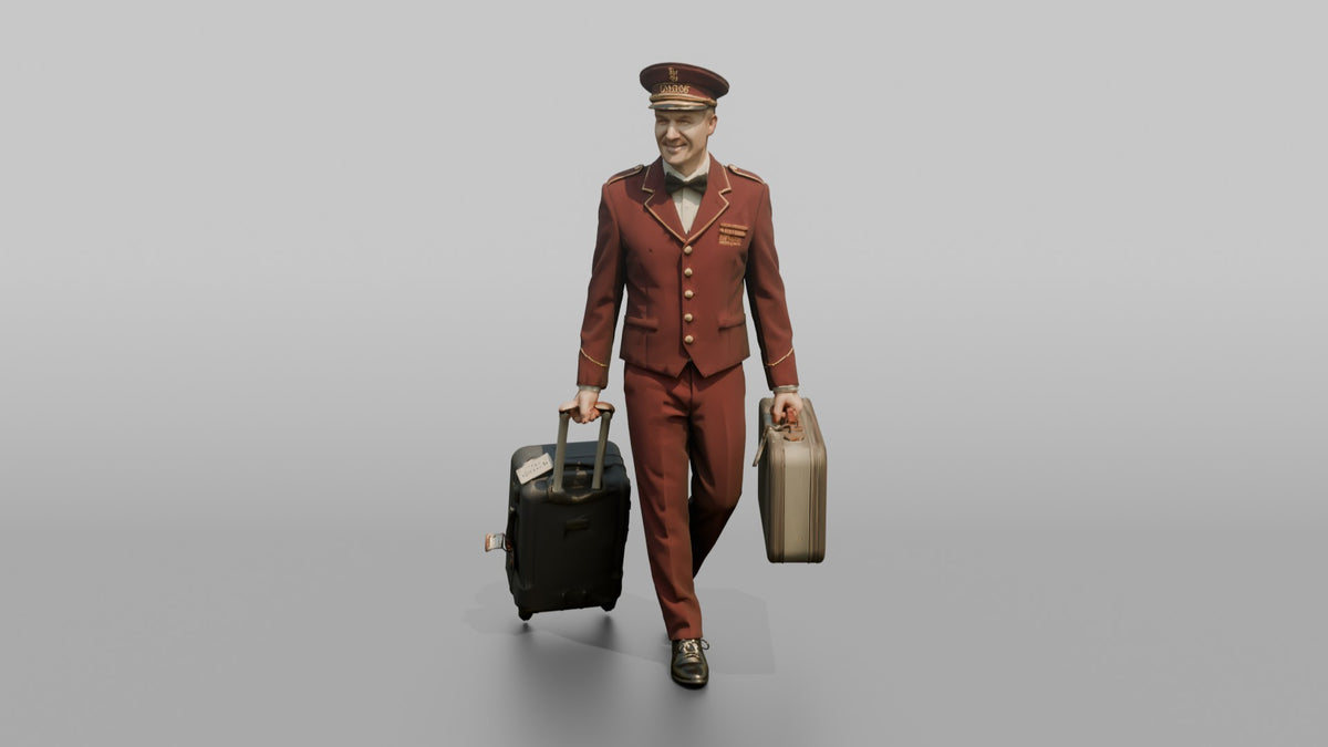 Bellhop Man Carrying Two Suitcases, One In Each Hand - 3D character model, view 5