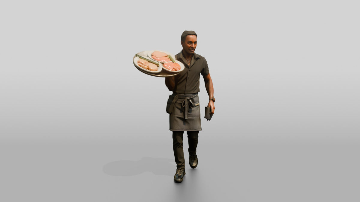 Server Balancing a Tray of Plates - 3D character model, view 1