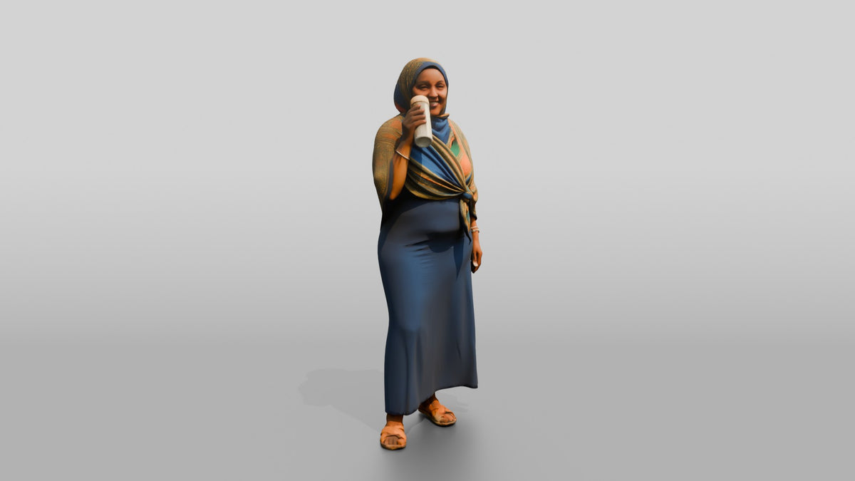 Curvy African Woman in a Headscarf Sipping Water - 3D character model, view 1