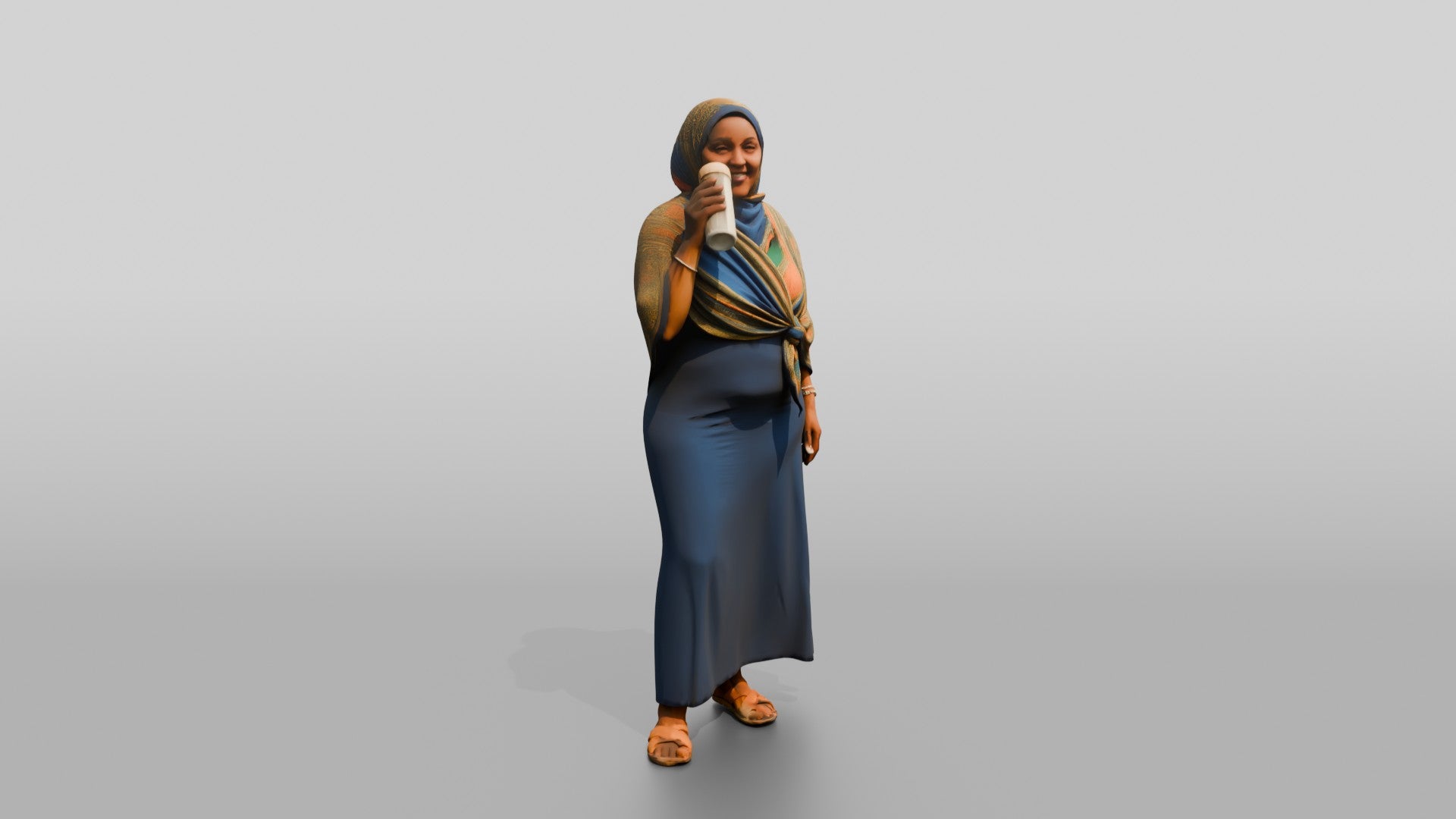 Curvy African Woman in a Headscarf Sipping Water