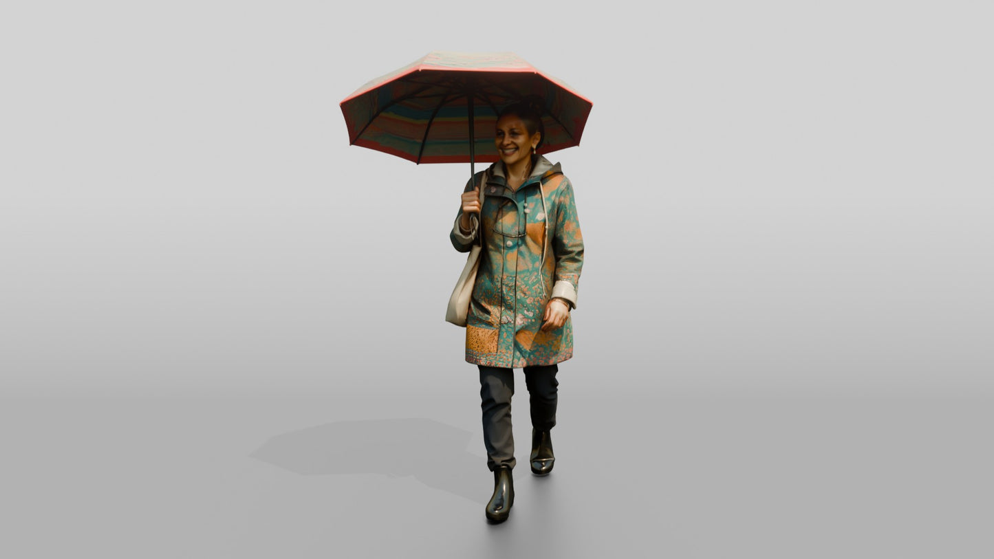 Indian Woman in Patterned Raincoat with Umbrella