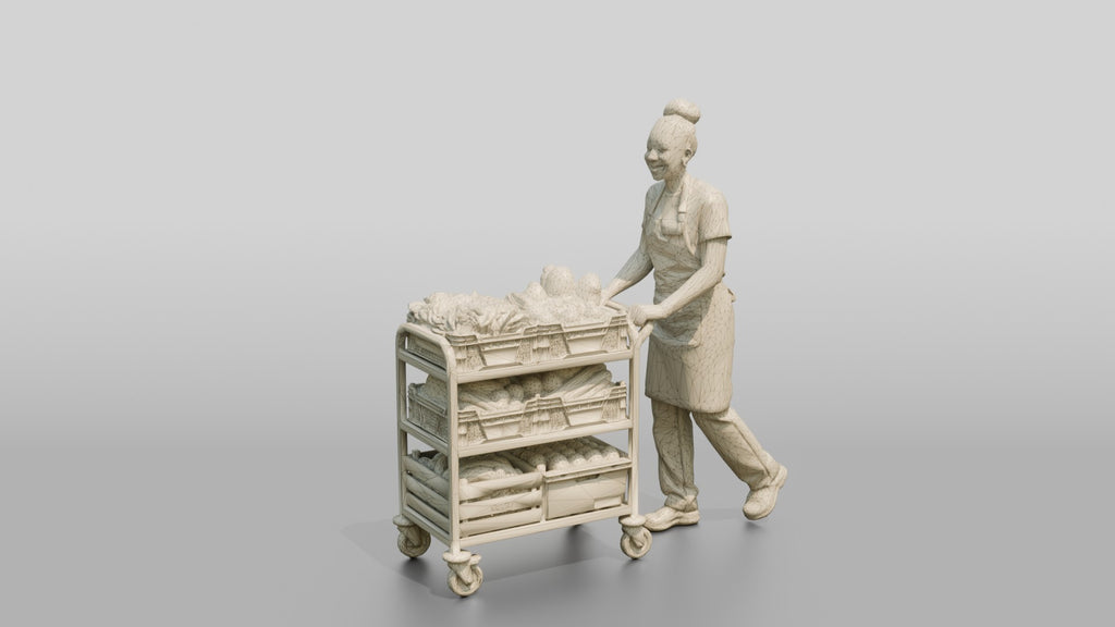 Kitchen Assistant Wheeling a Produce Cart